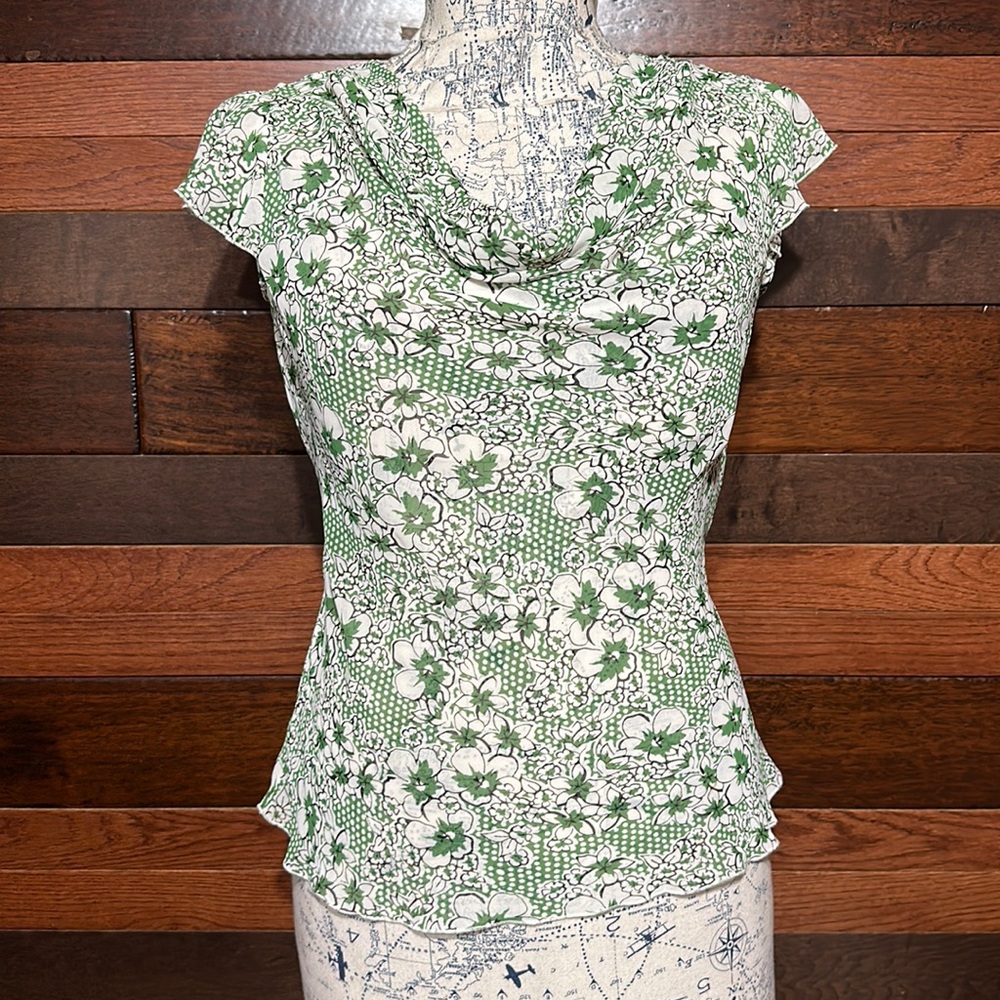 Bay Studio Scoop Neck Cap Sleeve Green and White Floral Sheer Blouse